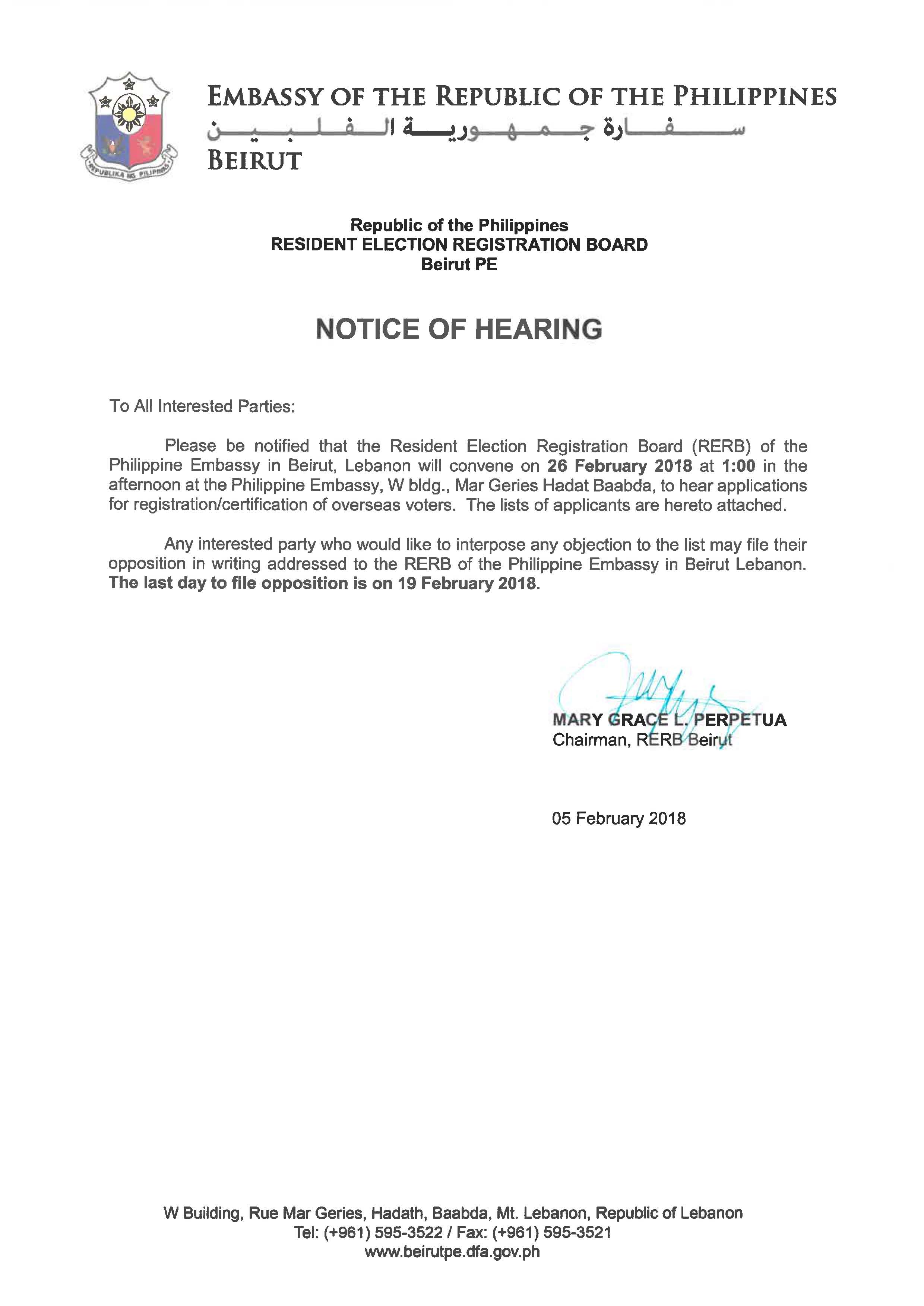 notice of hearing