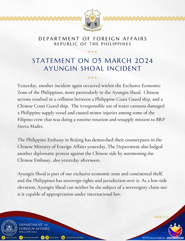 DFA Statement on March 5 Ayungin Incident p1